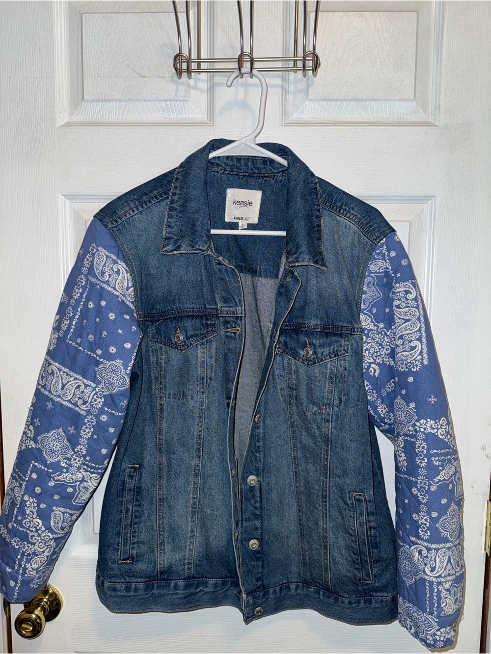 Kensie Two-Tone Denim Jacket with Blue Bandana Sleeves